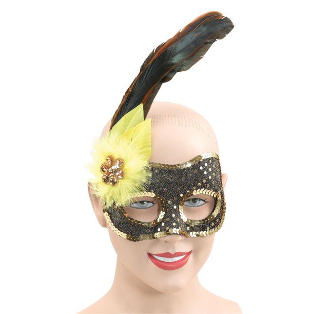 Sequin Eye Mask with Yellow Feather - Black & Gold (Adult)