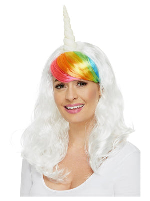 Ladies Unicorn Wig - White, with Rainbow Fringe