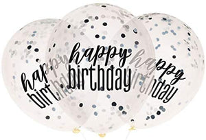 Clear Glitzy Black "Happy Birthday" Latex Balloons With Black Confetti  - 12"