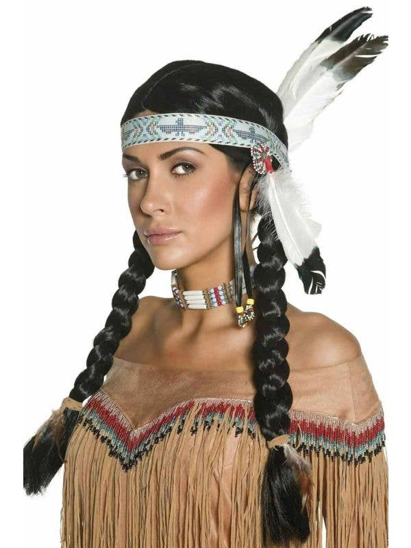 Pocahontas Wig - Black, Braided with Feather Headband (Adult)
