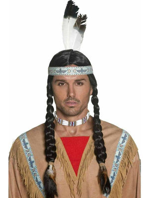Native American Wig - Black with Braids and Feather Headband (Adult)