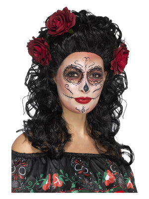Deluxe Day Of The Dead Wig - Black with Red Roses (Adult)