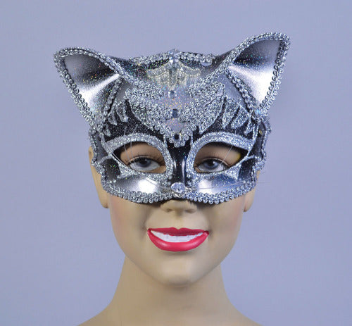 Jewelled Cat Masquerade Mask - Black & Silver