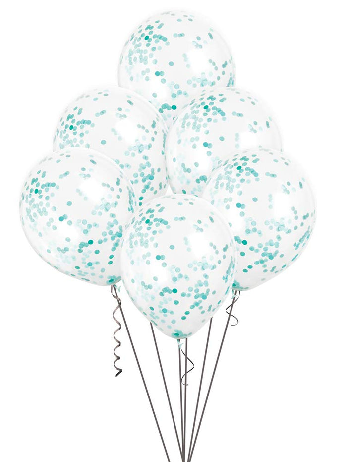 Clear Latex Balloons With Teal Confetti - 12" (Pack of 6)