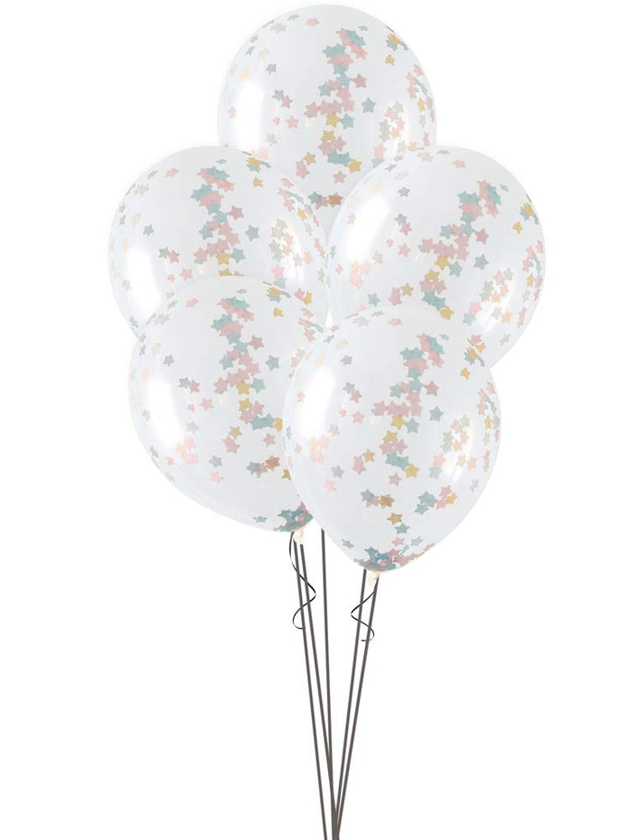 Clear Latex Balloons With Pink, Blue and Gold Star Confetti - 16" (Pack of 5)