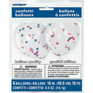Clear Latex Balloons With Blue & Red Stars Confetti - 16" (Pack of 5)