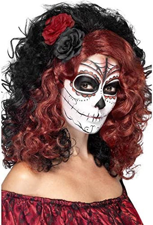 Day Of The Dead Wig - Black & Red with Roses (Adult)