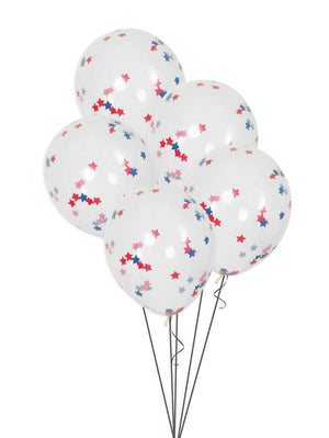Clear Balloons With Blue & Red Stars Confetti - 16" (Pack of 5)