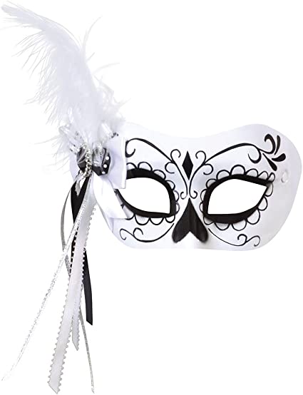 Calavera Eye Mask with Side Feather - White & Black (Adult)