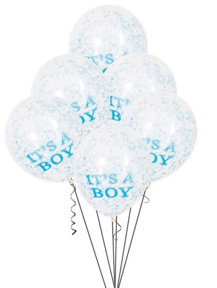Clear "Its A Boy" Latex Balloons With Blue Confetti - 12" (Pack of 6)