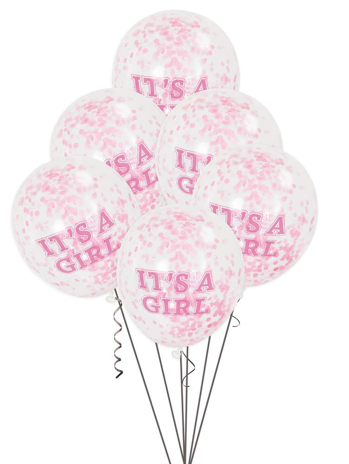 Clear "Its A Girl" Latex Balloons With Pink Confetti - 12" (Pack of 6)