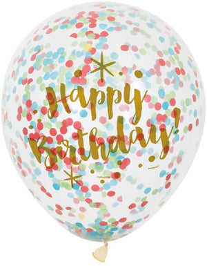 Clear Glitzy Gold "Happy Birthday" Latex Balloons With Multicolour Confetti - 12" (Pack of 6)