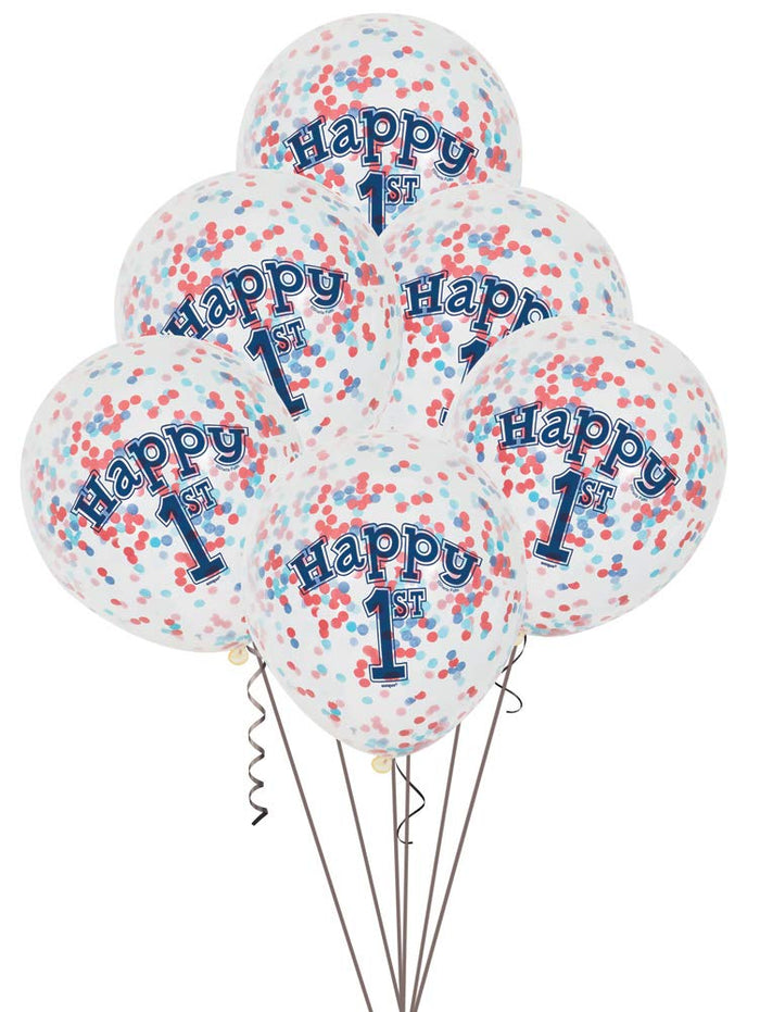 Clear Nautical Boys "1st Birthday" Latex Balloons With Blue & Red Confetti - 12" (Pack of 6)