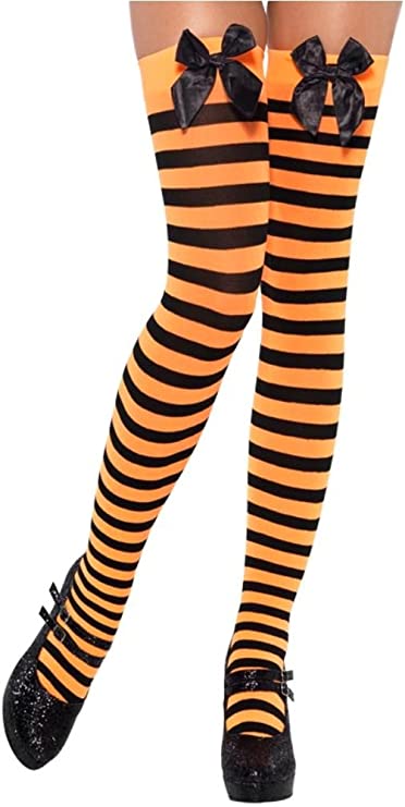 Opaque Striped Hold-Ups with Bows - Black and Orange (Adult)