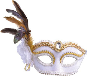 Braided Eye Mask with Side Feather & Flower - White & Gold (Adult)