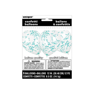 Clear Latex Balloons With Teal Confetti - 12" (Pack of 6)
