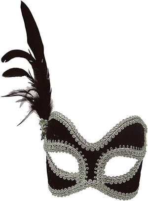 Sequined Feather Eye Mask - Black & Silver (Adult)