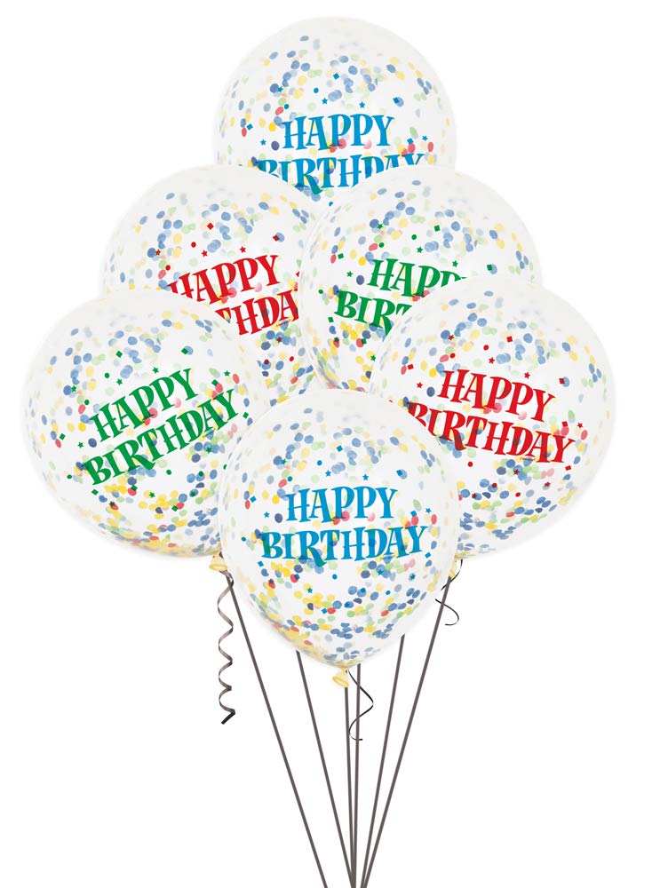 Clear Multicolour "Happy Birthday" Latex Balloons With Confetti - 12" (Pack of 6)