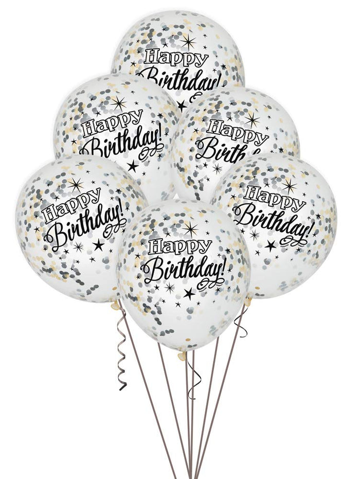 Glittery Black & Silver "Happy Birthday" Balloons With Confetti -12" (Pack of 6)