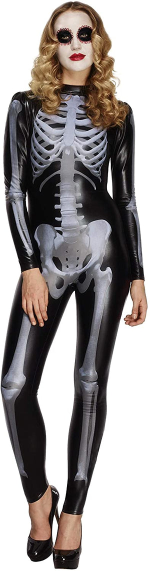 Miss Whiplash Skeleton Costume, Black, with Printed Catsuit