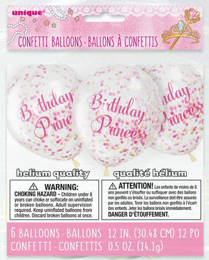 Clear "Birthday Princess" Latex Balloons With Pink Confetti - 12" (Pack of 6)