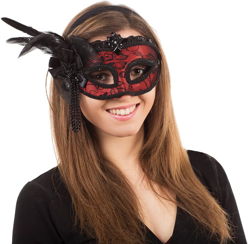 Eye Mask - Red with Sequins, Beads & Feathers