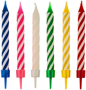 Assorted Striped Birthday Candles in Holders - Pack of 12