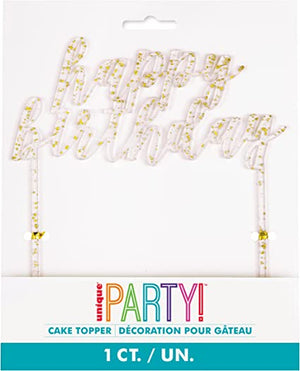 "happy birthday" Cake Topper - Clear with Gold Foil Flecks