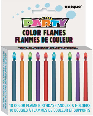 10 Colour Flame Birthday Candles & Holders