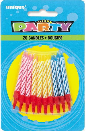 Striped Multicolour Birthday Candles in Holders - Assorted Pack of 20