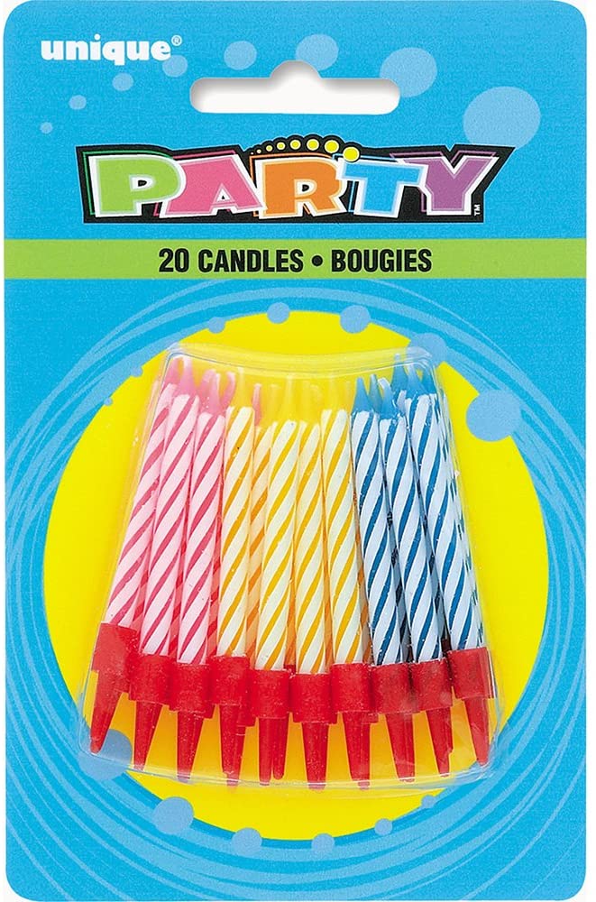 Striped Multicolour Birthday Candles in Holders - Assorted Pack of 20