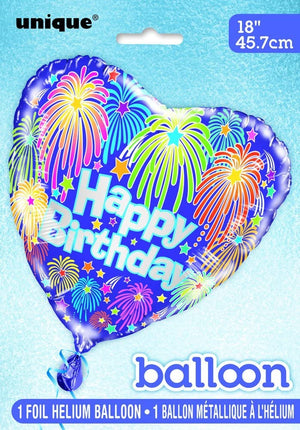 Fireworks "Happy Birthday" Heart Shaped Helium Foil Balloon - 18"