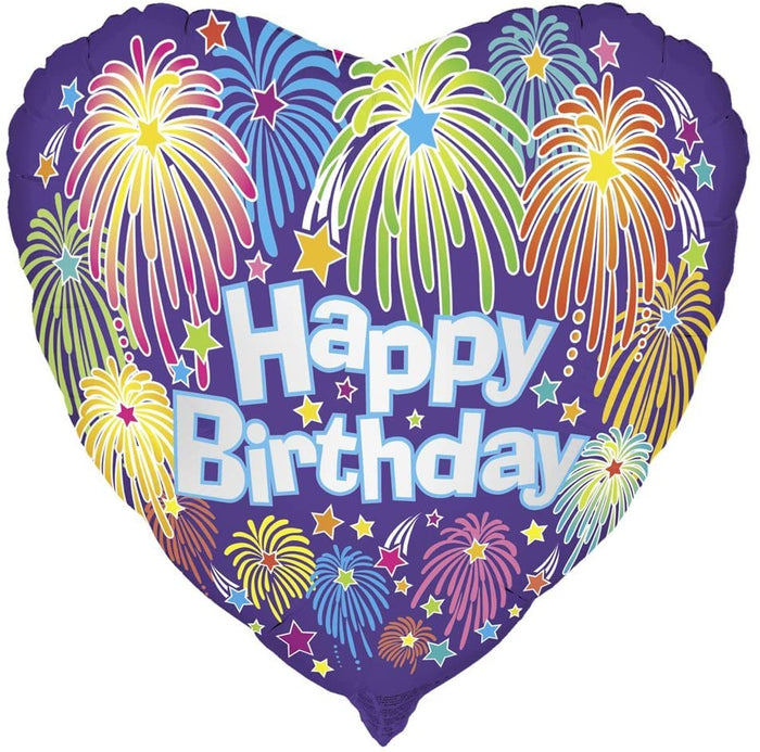 Fireworks "Happy Birthday" Heart Shaped Helium Foil Balloon - 18"