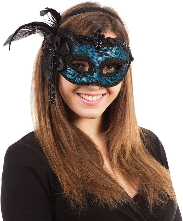 Eye Mask - Blue with Sequins, Beads & Feathers