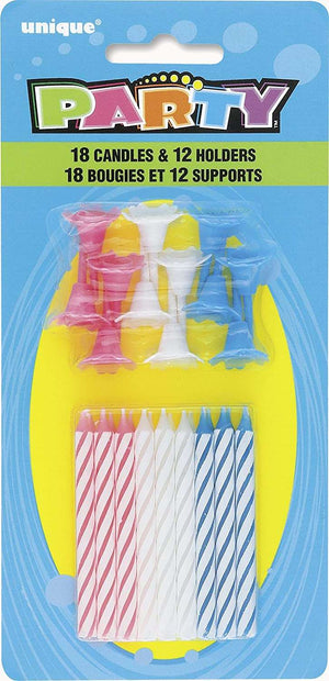 Assorted Striped Birthday Candles with Holders - Set of 30