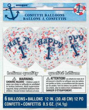 Clear Nautical Boys "1st Birthday" Latex Balloons With Blue & Red Confetti - 12" (Pack of 6)