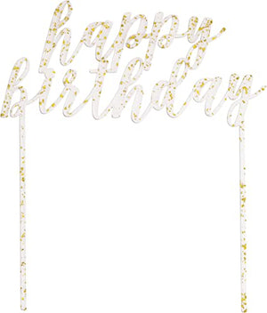 "happy birthday" Cake Topper - Clear with Gold Foil Flecks