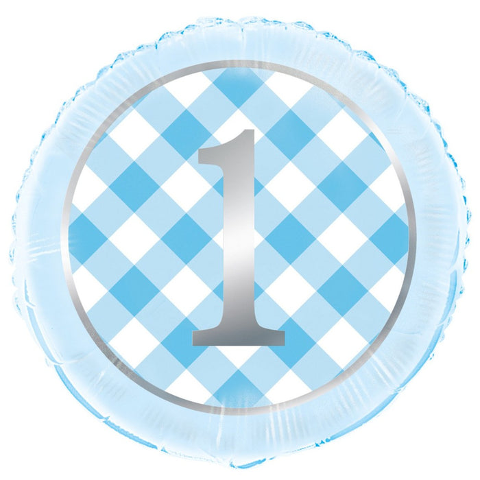 Blue Gingham 1st Birthday Helium Foil Balloon - 18"