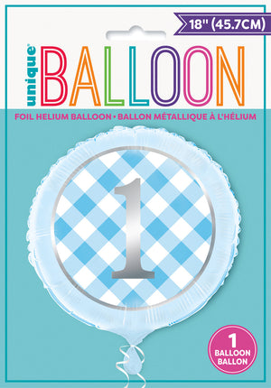 Blue Gingham 1st Birthday Helium Foil Balloon - 18"