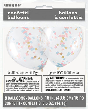 Clear Latex Balloons With Pink, Blue and Gold Star Confetti - 16" (Pack of 5)