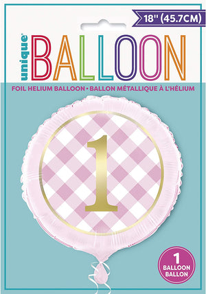 Pink Gingham 1st Birthday Helium Foil Balloon - 18"