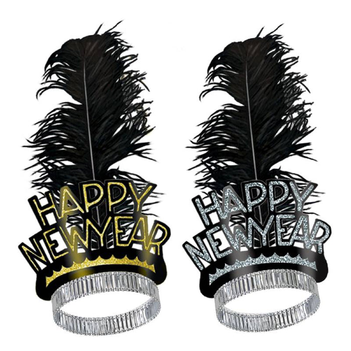 "HAPPY NEW YEAR" Tiara with Feather - Gold/Silver