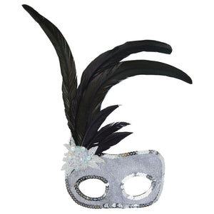 Sequin Eye Mask with Side Feather- Silver & Black (Adult)
