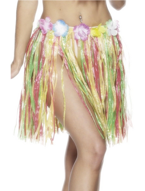Hawaiian Hula Skirt with Flowers, Short - Multi-Coloured (Adult)