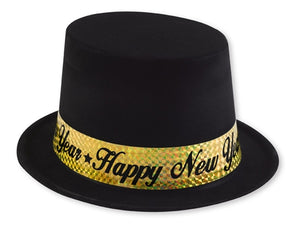 "Happy New Year" Black Top Hat with Gold Band