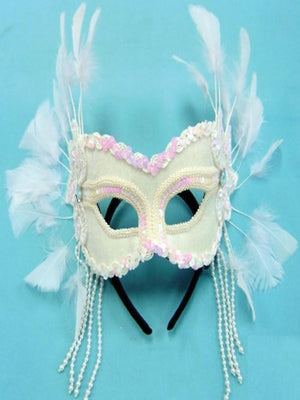 Velvet Eye Mask with Feathers - White (Adult)