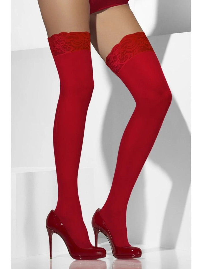 Sheer Hold-Ups With Lace Tops &  Silicone Grip - Red (Adult)
