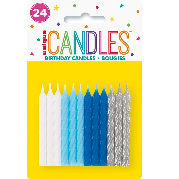 Blue, White & Silver Spiral Birthday Candles - Pack of 24