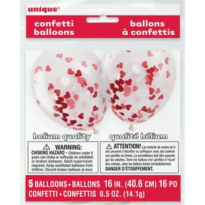Clear Latex Balloons With Red & Pink Heart Confetti - 16" (Pack of 5)