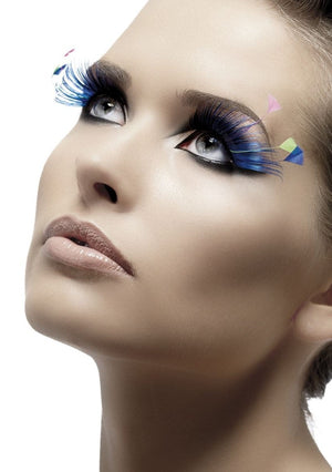 Party Eyelashes - Long Blue With Neon Plume Feathers